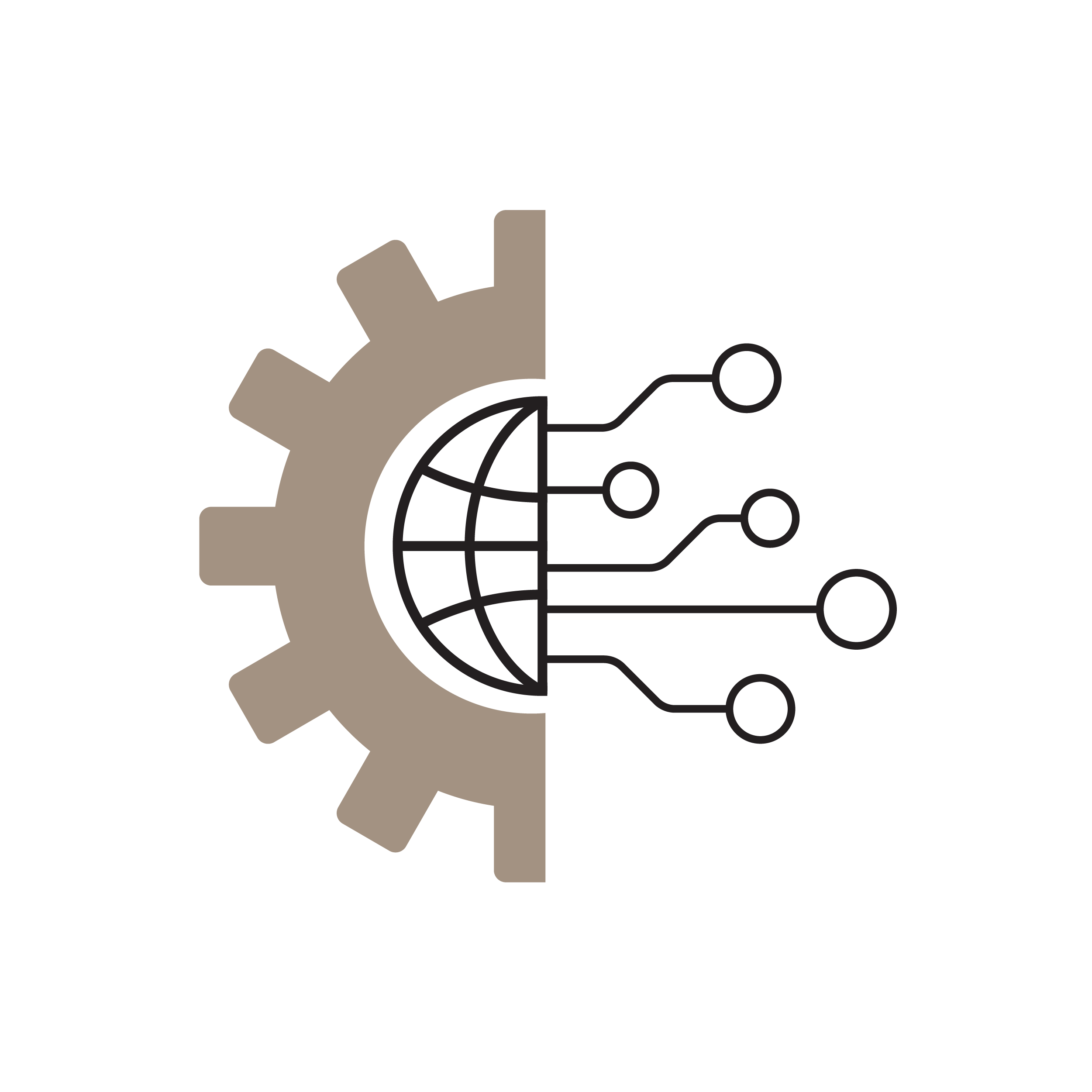 Icon of half a gear with lines coming out of the right side.