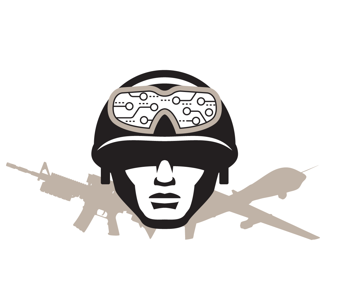 Graphic illustration of a Marine's face with a gun and plane crossed behind it.