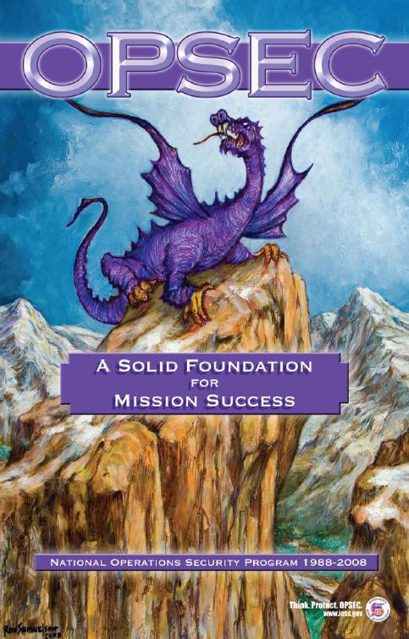 OPSEC poster with a big purple dragon sitting on top of text.