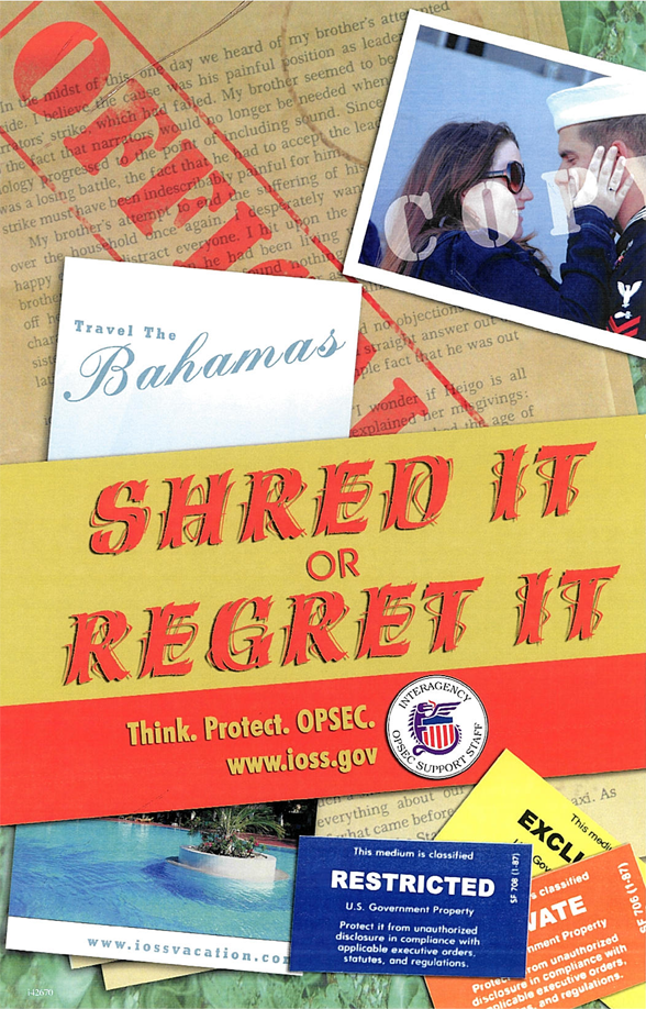 Shred it or regret it on top of a collage of scattered papers.
